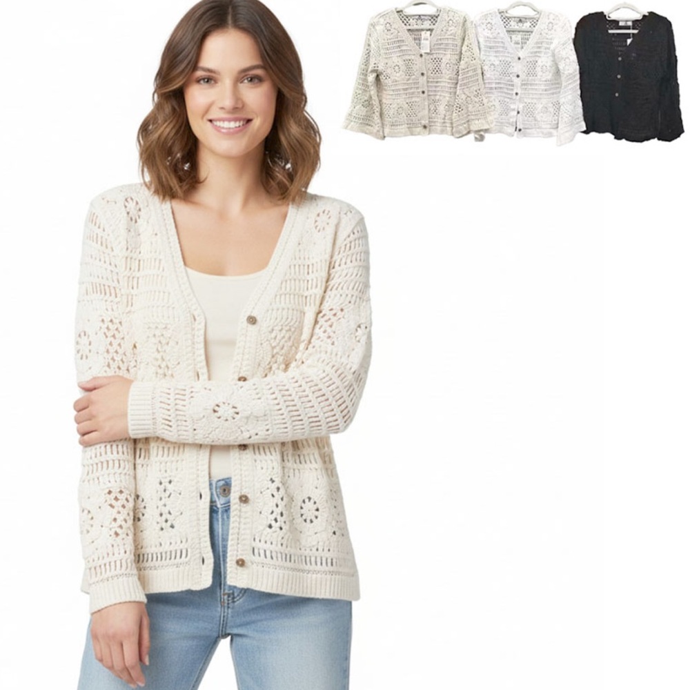 Boho Crotchet Cotton Knit Cardigan - Picture 2 of 3